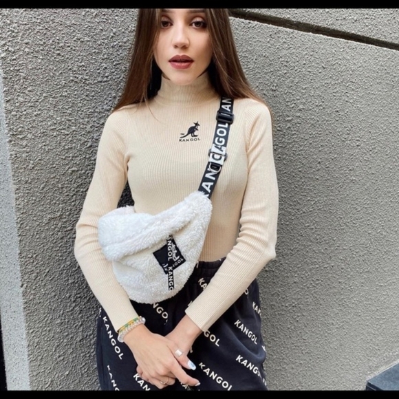 Kangol x H&M Sweater Crop Rib Knit Mock Turtle Neck Womens Beige - Picture 14 of 15